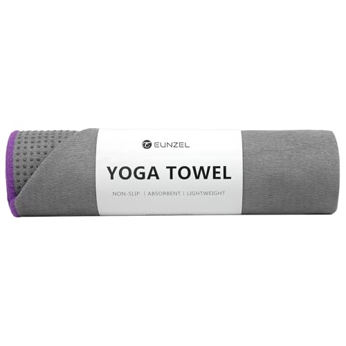 Eunzel Hot Yoga Towel - Microfiber Non Slip Yoga Mat Towel with Grip Dot Sweat Absorbent Towel for Hot Yoga, Pilates and Fitness 72' x 24', Dark Grey/Purple