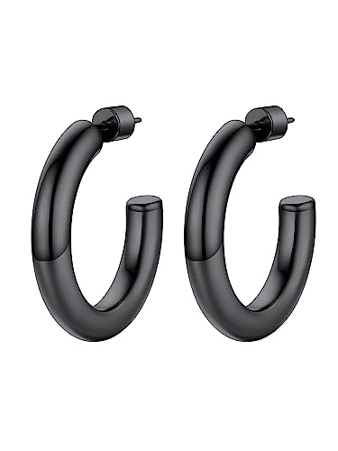 Image of Stainless Steel Chunky Hoop Earrings For Women, Minimalist and Chic, Black /Gold Plated, Round Hoops Earrings Hypoallergenic, Size: 30mm /40mm /60mm /80mm, Come with Box