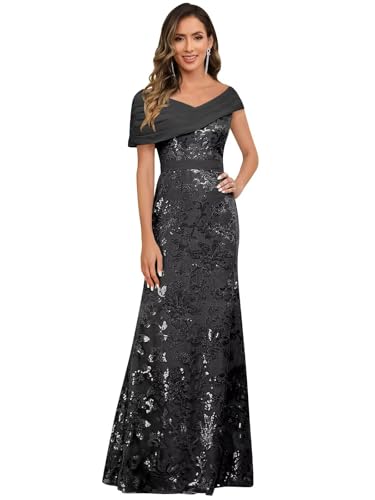 VCCICANY Sequin Mermaid Mother of The Bride Dresses for Women Chiffon Off Shoulder Ruched Long Formal Evening Gowns