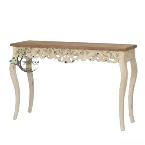 Image of Wooden Carved Console Table in Solid Mango Wood with Antique White Distress Finish for livingroom, Hall, enterway, Office (Large 4ft)
