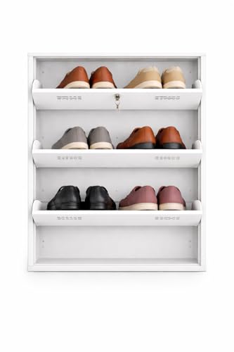 Image of 3 Door Wall Mounted Metal Shoe Rack with Lock | Foldable Shoe Cabinet | Space Saving Shoe Organizer for Home | Ventilated Steel Shoe Stand Holds 9 -18 Pairs (White)