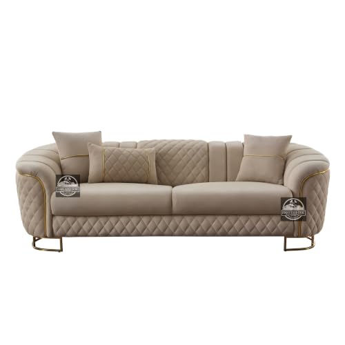 Image of Royal Carved Wooden Sofa Set | 3+1+1 Seater | Antique with Button Tufted Velvet Upholstery | Victorian Style Living Room Furniture Tufted Sofa Set Grey 3-Piece (Design 16)