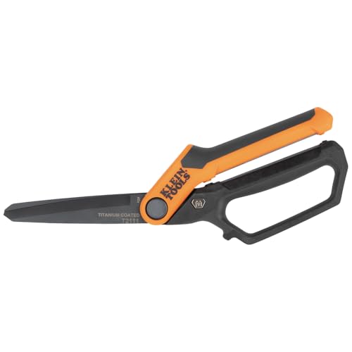 Image of Klein Tools T2111 Titanium-Coated Professional Scissors, High Leverage Stainless Steel Shears, Serrated Blades, Cuts Heavy Duty Material, 10-Inch
