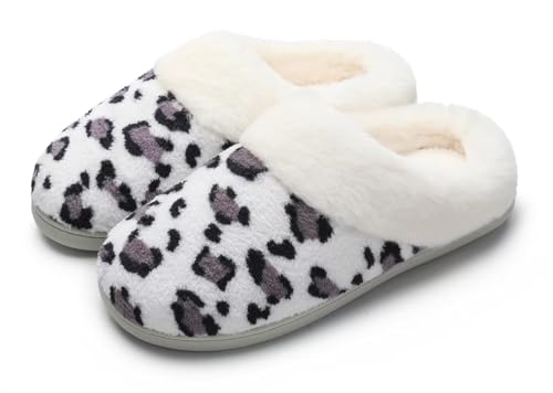 Women's Leopard Slippers Coral Fleece Lined Knitted Plush Fabric Comfy Memory Foam Anti-Skid Home Shoes Indoor Outdoor