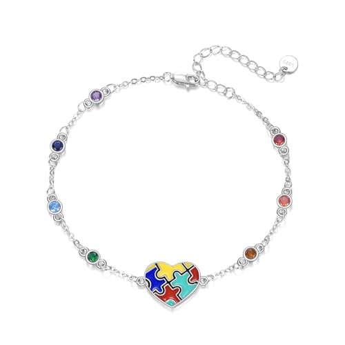 Autism Awareness Bracelet 925 Sterling Silver 7 Chakra Puzzle Piece Heart Shape Bracelet ASD Autism Jewelry Gifts for Women