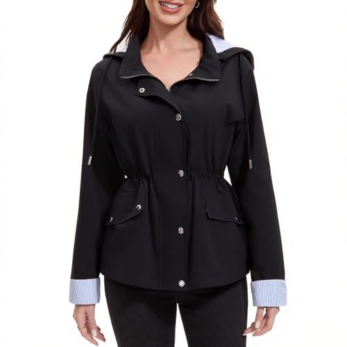 Fashion Raincoats, Windbreaker with Detachable Hood, Women's Waterproof Short Lightweight Rain Jacket for Outdoor
