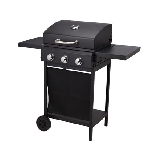Well Home Parrilla de Gas 3 Quemadores con Cortina Frontal Negra, Termómetro y Encendido Electrónico