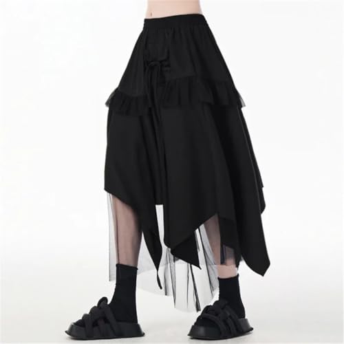 Women's Vintage Midi Skirt Patchwork Tulle Irregular Lace-Up High-Waisted Layered Party Long Skirts3