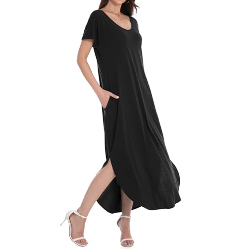 Image of Matchstick Women's Flowy Maxi Dress V-Neck Relaxed Loose Fit Short Sleeve Casual Sundress with Pockets Side Split Beach Dress