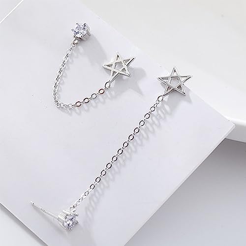 Round CZ Star Double Piercing Earrings 925 Sterling Silver Tassel Chain Dangle Drop Crystal Stud Earring for Women Girls Fashion Unique 2 Ear Holes Hypoallergenic Birthday Christmas BFF Jewelry Gifts4