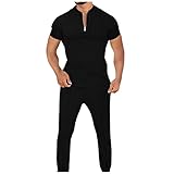 Duohropke Chándal para hombre Traje deportivo de verano de manga corta con cuello alto empalmado para hombre, moderno, informal, media cremallera, conjunto deportivo casual, Negro , M