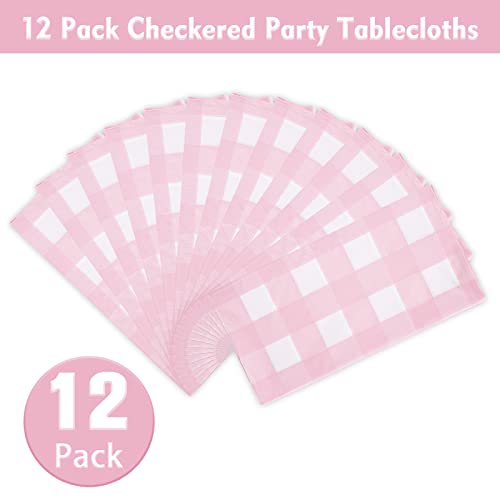 Image of Kesfey 12 Packs Pink Gingham Tablecloth 54 x 108 Inches Pink and White Checkered Table Cloths Party Picnic Disposable Table Covers Splashproof Plastic Checkered Gingham Tablecover for Dinners Party