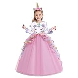 NEWEPIE Girls Unicorn Long Sleeve Dress Halloween Costume Pageant Princess Birthday Christmas Party Tulle Gown w/Headband Pink 4-5T