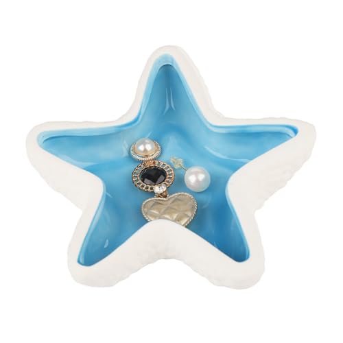 WHJY Blue Ceramic Starfish Trinket Dish, Beachy Room Decor Aesthetic Jewelry Holder Dish, Beachy Décor, Trinket Bowl, Entryway Bowl for Keys, Cute Jewelry Dish for Desk