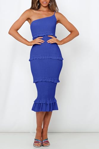 Image of PRETTYGARDEN Women's Summer Midi Bodycon Dresses One Shoulder Strappy Tiered Ruffle Floral Boho Sun Dress
