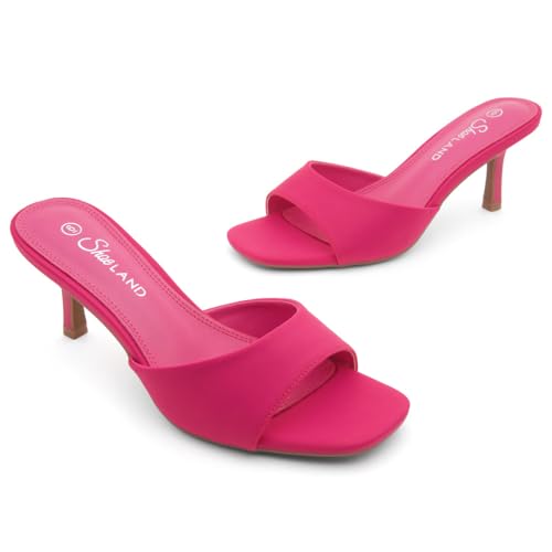 Image of Shoe Land Women's Low Heels Stiletto Heeled Slides, Open Toe One Band Slip-On Heeled Mules - Dressy Heeled Sandals for Prom, Party Wedding and Vacation