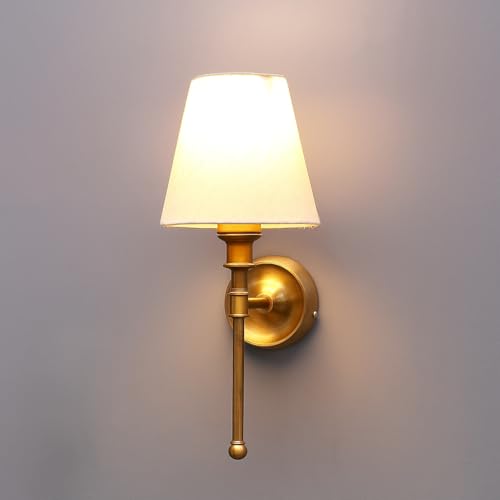 Image of AKWAY Antique Brass Finish Wall Lamps for Living Rooms with Bamboo Shade | Rattan and Cane Wall Lights for Bedroom | Wicker Wall scones - (Fabric Conical - Devika)