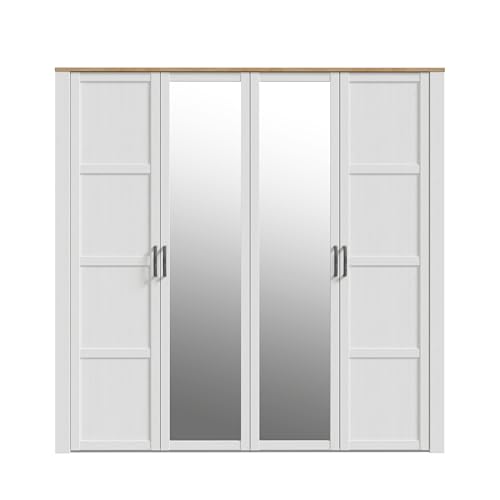 FORTE Bohol Schrank 210 220, Kleiderschrank mit Spiegel, Drehtürenschrank Landhausstil, Schlafzimmer, Holzwerkstoff, Riviera Eiche/Sibiu Lärche Holzdekor, 215,9 cm breit x 214 cm hoch x 59,6 cm tief