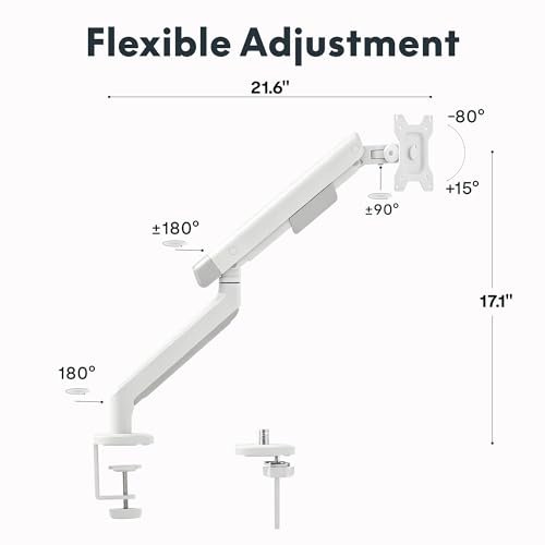 FlexiSpot Single Monitor Arm, Premium Aluminum Monitor Desk Mount Fits Screen up to 35 Inches 19.84 lbs, Fully Adjustable Monitor Stand with C-Clamp & Grommet Base for Home Office, White - image 9