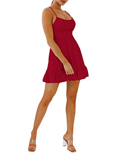 Aimcoo Women's Casual Summer Ruched Bust Solid Short Cami Dresse Spaghetti Strap Waist Tie Flowy Swing Ruffle Mini Dress Red #TOP5