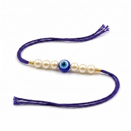 Image of Evil Eye Pearl Rakhi with Red T-Shirt for Brother, Nazar Suraksha Rakhi, Greeting Card, Roli Chawal, Raksha Bandhan Gift Combo for Bhai, Designer Beaded Rakhi Gift Set