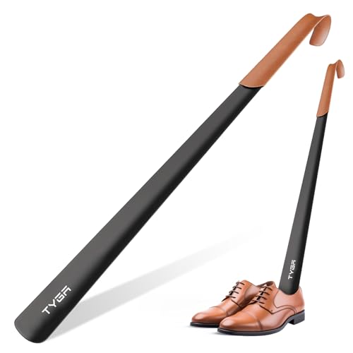 Tyga Chausse-pied en métal – Chausse-pied à long manche de 58 cm avec sangle en cuir pour homme, femme et enfant 58 cm, noir, 1, Noir , Large