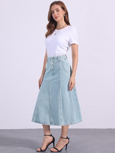 Allegra K Women's Casual Denim Skirts High Waisted A-Line Frayed Midi Skirt with Pockets2