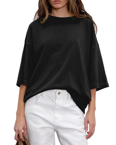 HUGOOME Womens Oversized T Shirts Summer Casual Short Sleeve Tops Cotton Crew Neck Loose Fit Basic Tee Plus Size Blouse3