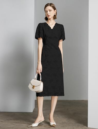 Image of Women's Lace Floral V-Neck Dress with Puff Sleeves and Back Zipper, Elegant and Romantic Design