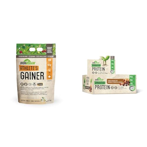Athlete's Gainer Protein Powder, Natural Vanilla Flavour, 4.5 kg | Vegan and Non-GMO & Iron Vegan Sprouted Protein Bars | Peanut Chocolate Chip Flavour | 12 Pack