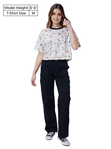 Image of The Souled Store| Official Looney Tunes: Doodle Pattern Women and Girls T-Shirts|Half Sleeve|Loose fit Graphic Printed|100% Cotton White Color Women Oversized Cropped T-Shirts