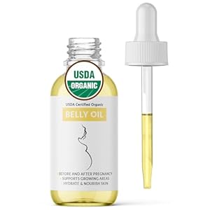 Organic Belly Oil – Certified USDA Organic Nutrient Rich Body Oil For Growing Areas, Scars & Stretchmarks – Maternity, Pregnancy, Post Partum & On – 1 Fl Oz Glass & Dropper