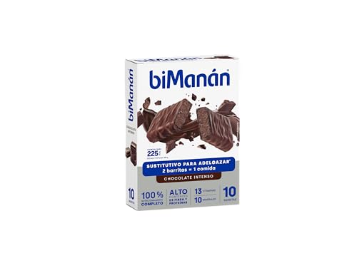 BIMANÁN - Barritas Sustitutivas Chocolate Intenso para Controlar el Peso - 2 barritas = 1 comida (225 kcal) - Ricas en fibra - Caja con 10 unidades