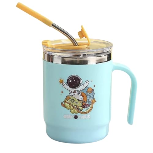 Image of Astronaut Insulated Mug with Lid and Straw, Stainless Steel, Blue, 12.5 x 11.5 cm, with Handle