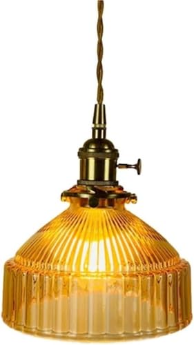 Vintage Ribbed Glass Pendant Light Blue/Yellow Brass E26/E27 Adjustable Hanging