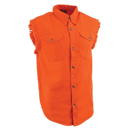 Image of Milwaukee Leather DM4009 Men's Sand Lightweight Denim Shirt with with Frayed Cut Off Sleeveless Look