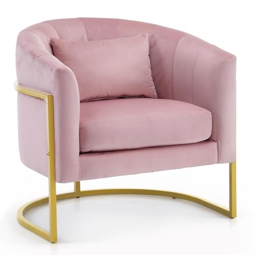 OmySalon Manicure Chair Velvet Vanity Chair, Gold Morden Metal Support w/Comfotable Armrest Pillow for Beauty Nail Salon Bedroom Living Room Office, 28.9''D x 25.9''W x 28.7''H(Pink)