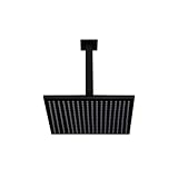 Soffione doccia quadrato in ottone massiccio, con braccio a soffitto a collo di cigno, rosa a pioggia nera opaca set cubico(8 Inch)