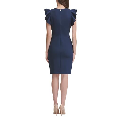 Image of Tommy Hilfiger Women's Sleeveless Ruffle Hem Jewel Neck Crepe Sheath Mini Dress