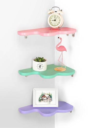 Image of Menkxi Cute Wavy Corner Shelf Wall Mount, Set of 3 Wood Floating Cloud Corner Wall Shelves with Cord Hole Wall Danish Pastel for Bedroom Living Room Bathroom Kitchen