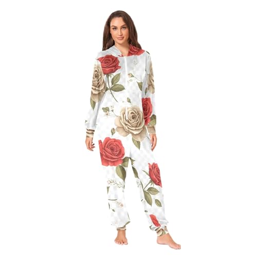 Combinaison pyjama rétro pour adulte à motif roses et capuche