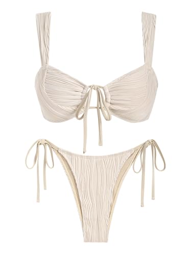 ZAFUL Women's Cinched Bikini Solid Color Wave Textured Knotted Tied Side Two Piece Swimsuit Bathing Suits