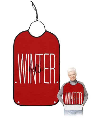 Jolunifun Winter Christmas Adult Bib for Adults Men, Women, Washable & Adjustable Terry Cloth Bib with Crumb Catcher Reusable Waterproof Clothing Clothes Protector Apron Red Holiday Xmas Black White