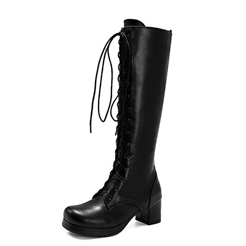 Women Fashion Chunky High Heels Lace Up Mid Calf Boots Side Zipper Platform Round Toe Knee High Boots Cosplay Lolita Princess Shoes