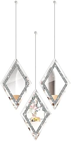 Zamsion Diamond Decorative Wall Mirror, Set of 3, Wall Mounted Hanging Chain Frameless Crushed Diamond Mirror for Home Decor Bathroom Bedroom Living Room (Silver)