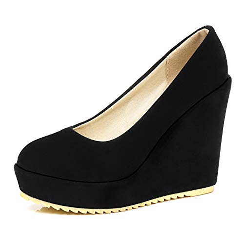 MIOKE Women's Round Toe Wedge Platform High Heel Pumps Suede Casual Slip-On Comfortable Chunky Dress Shoes2