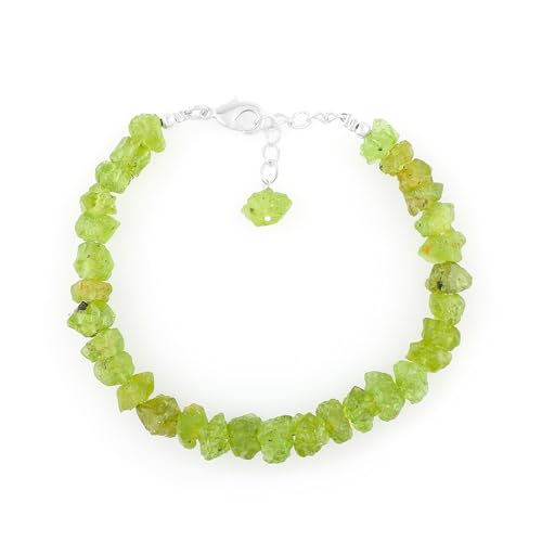 CRYSTALINES AAA Grade Natural Raw Peridot Gemstones Dainty Bracelets, Rough Stones Beads, Crystals Jewelry, Handmade, Women Bracelet, August Birthstone, Silver Plated, Adjustable Chain- 7+1 inch,