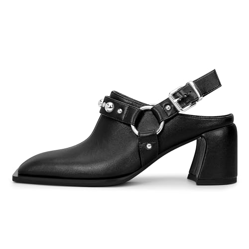 100FIXEO Women's Block Heel Slingback Pumps Studded Strap Buckle Square Toe Comfortable Shoes2