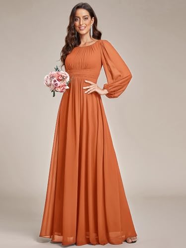 Image of Ever-Pretty Women's Crewneck Long Lantern Sleeves Floor Length A-Line Pleated Chiffon Formal Dress 0106B