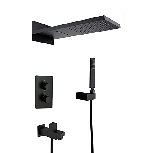 HCZKIUJY Juego de Ducha termostática clásica combinada, Grifo de Ducha de baño Negro de Pared con Cabezal de Ducha de Acero Inoxidable, Ducha de Mano, Grifo de bañera y Caja empotrada.
